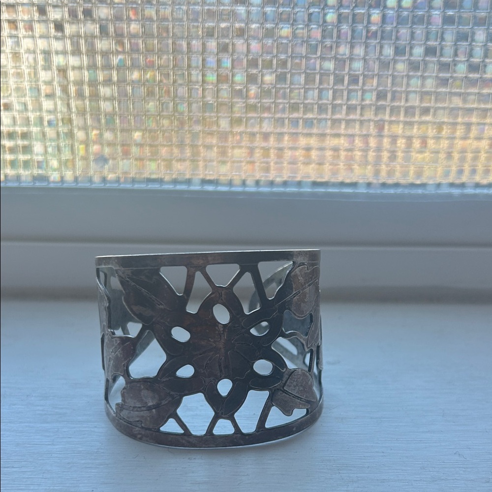 Silver Floral Cutout Cuff Bracelet - Picture 10 of 11